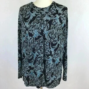 Vintage Laura Ashley Blue Metallic Floral Twinset Slinky Button Down V-Neck 1X